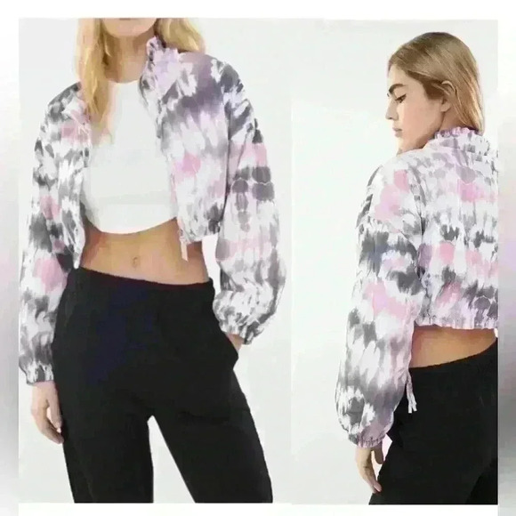 BERSHKA Tie Dye Cropped Zip Up Bomber  Jacket Size M puffed sleeves - Picture 1 of 10